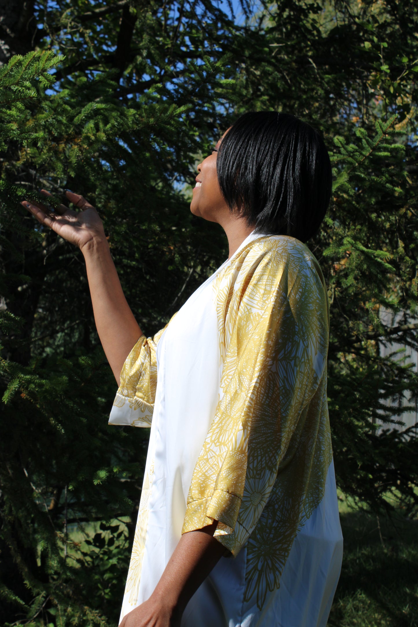 White Sunflowers Long Silk Kimono