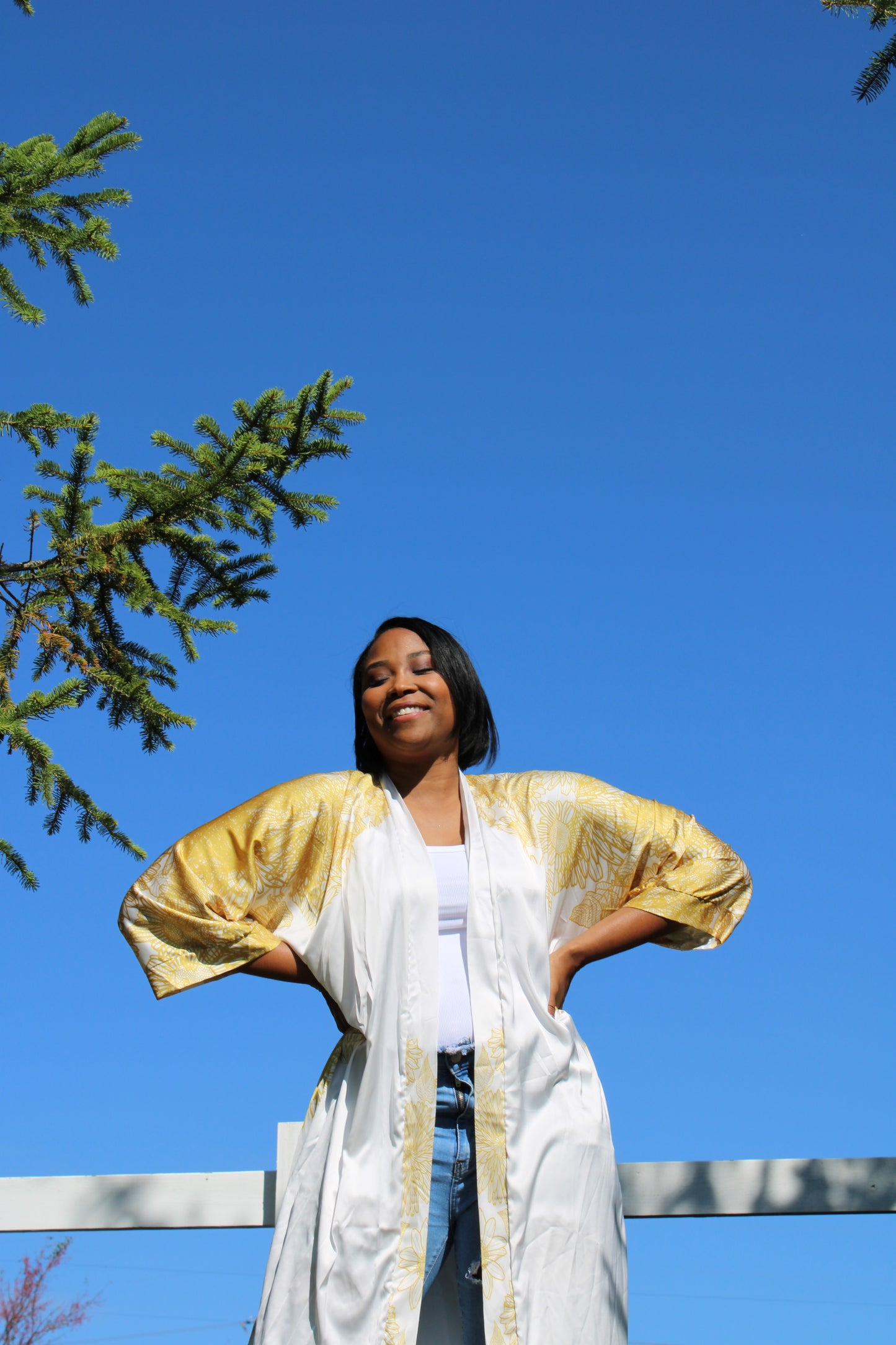 White Sunflowers Long Silk Kimono