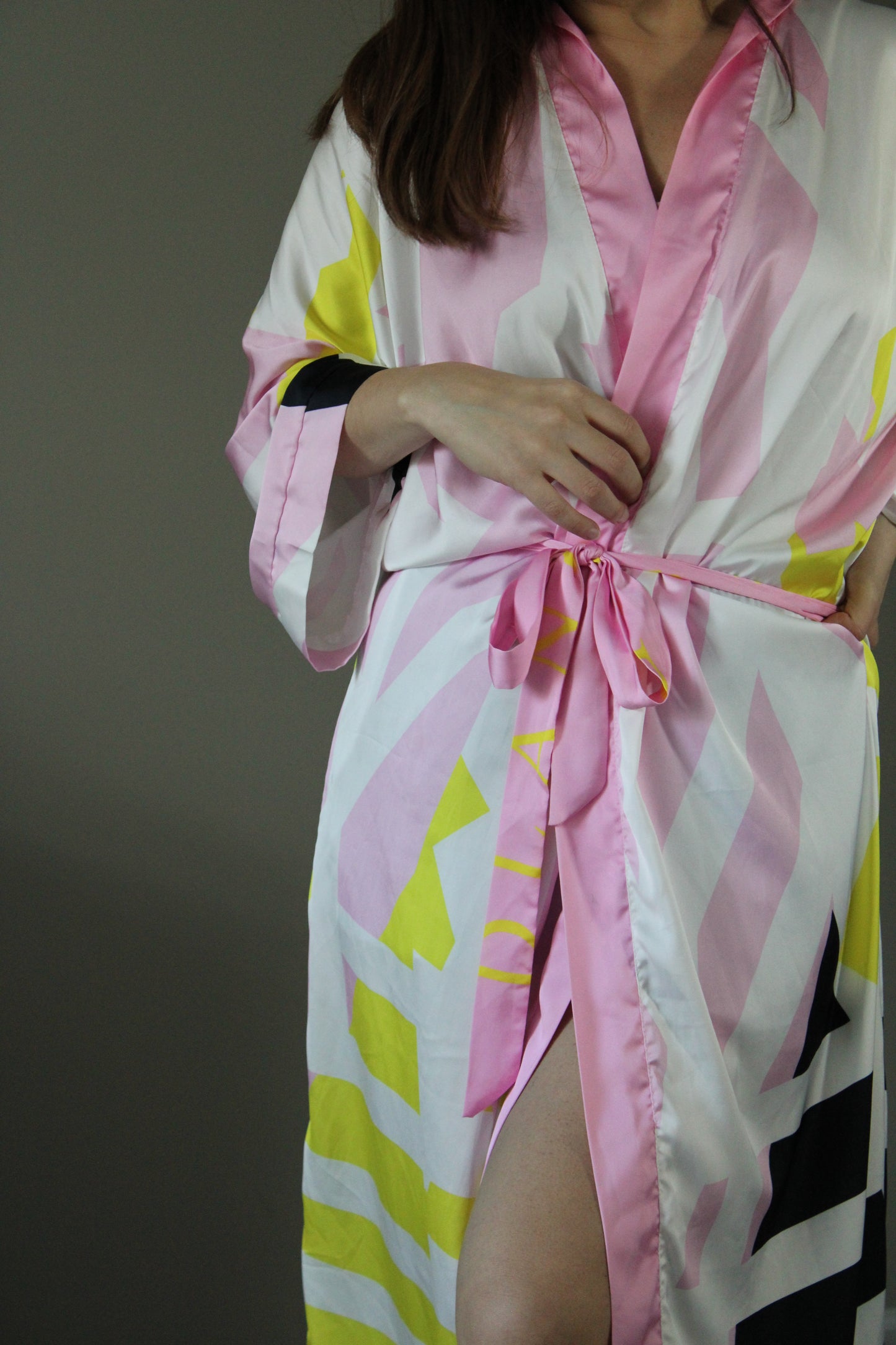 Pink & Yellow Colorblock Long Silk Kimono