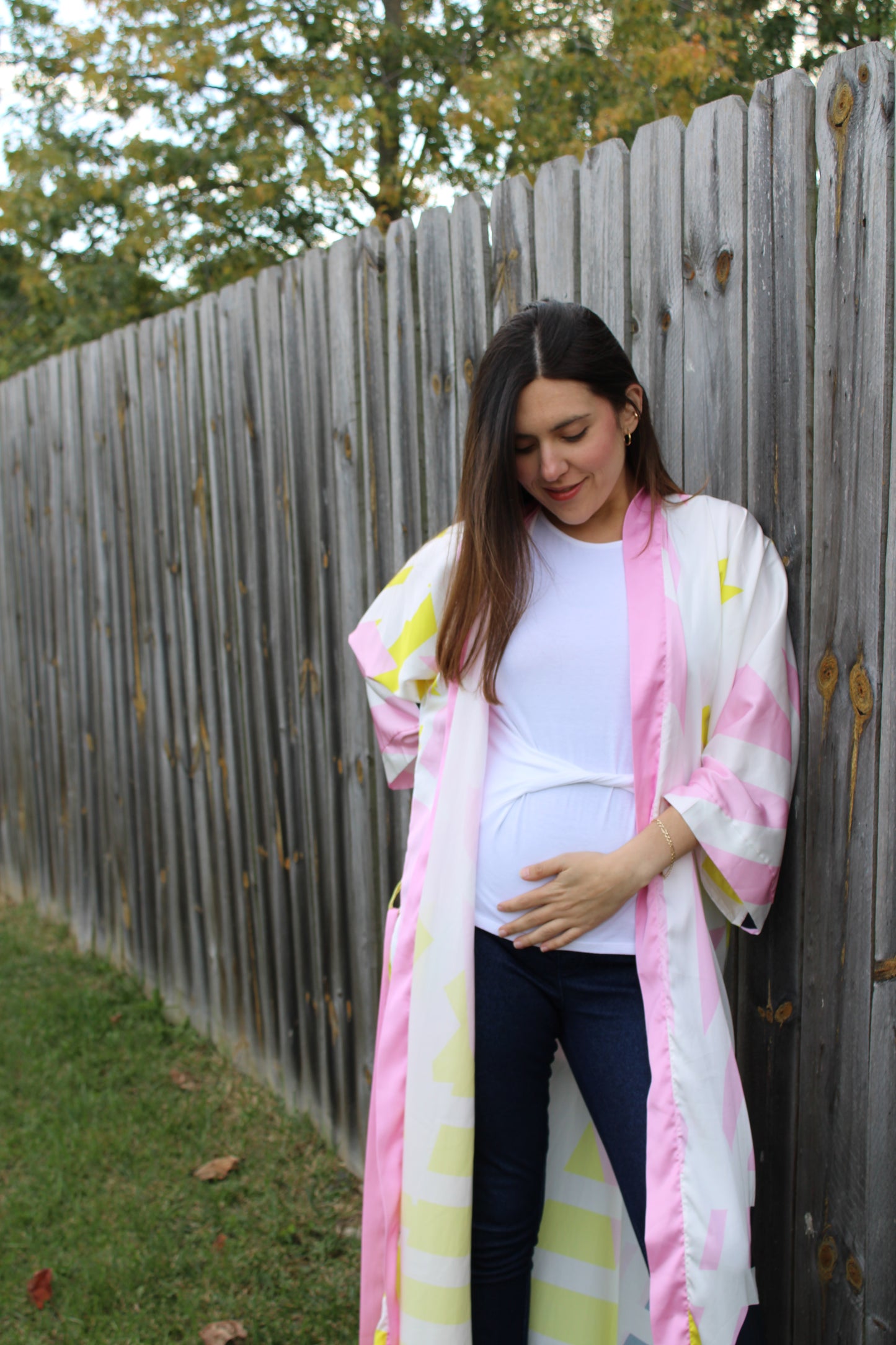 Pink & Yellow Colorblock Long Silk Kimono