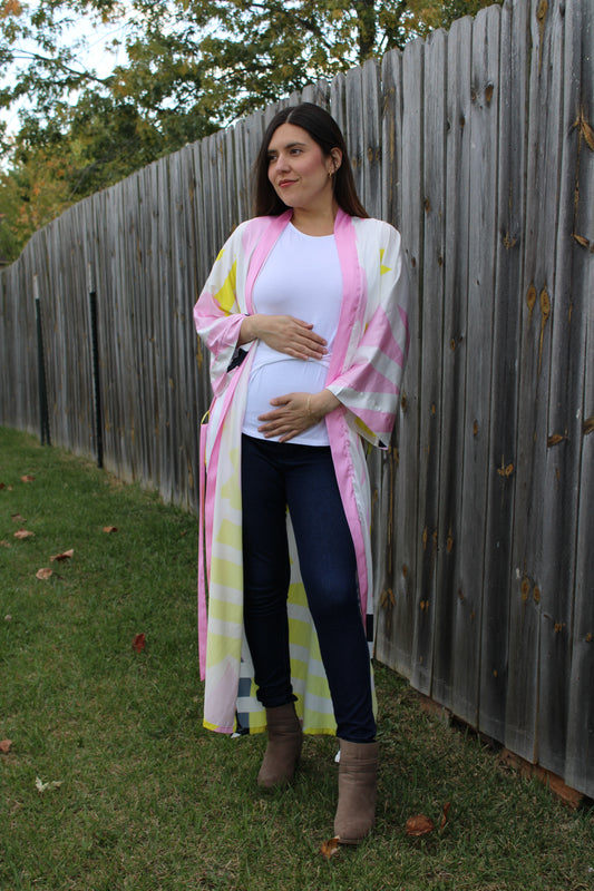 Pink & Yellow Colorblock Long Silk Kimono