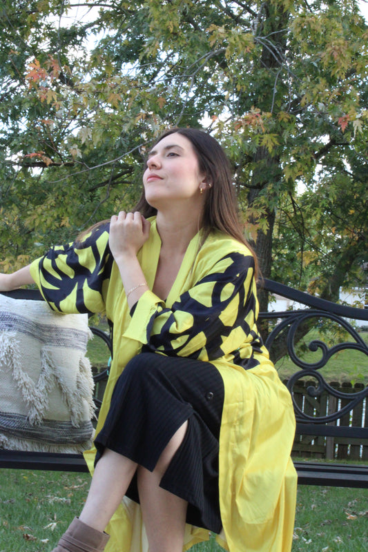 Neon Yellow Geometric Long Silk Kimono