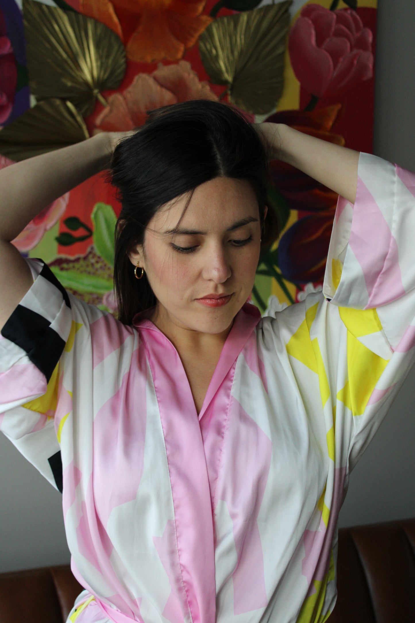 Pink & Yellow Colorblock Long Silk Kimono